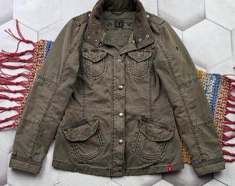 Vintage Military Jacket Women Olive Green Utility Coat Cargo Style Field Jacket