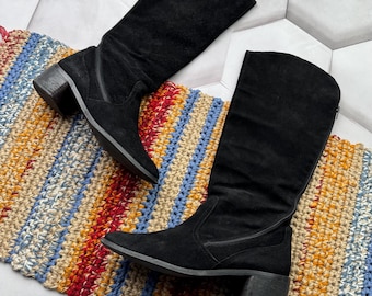 Vintage Black Leather Boots Women's Knee High Minimal Classic Casual Riding Boots