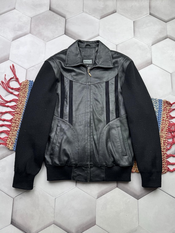 Y2K Black Leather Bomber Jacket Women's Zip Front Knit Sleeve