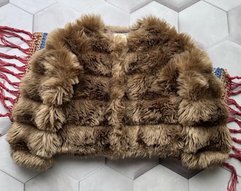 Vintage Faux Fur Cropped Jacket Women's Brown Fluffy Short Coat Y2K Glam Style