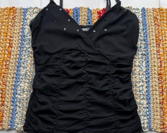 Vintage Black Sheer Camisole Ruched Top Spaghetti Strap Y2K Women