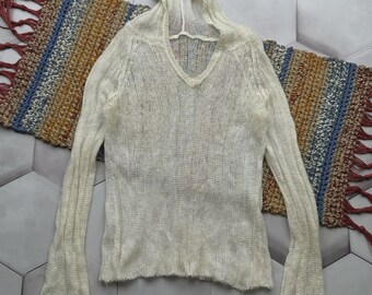 Vintage Knit Hooded Top Sheer Sweater Y2K Boho Bell Sleeve Women