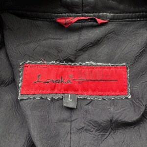 May include: A black leather jacket with a red label that says "Loveke" and a size "L" tag.