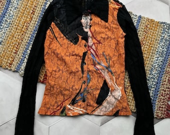 Top vintage Y2K in rete con grafica, maniche lunghe trasparenti da donna, stile artistico da club, top di tendenza
