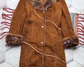 Vintage Real Sheepskin Shearling Coat Brown Suede Winter Long Coat Women