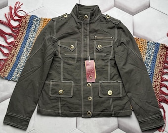 vintage Blouson militaire de l'an 2000 Blouson utilitaire vert olive boutonné sur le devant