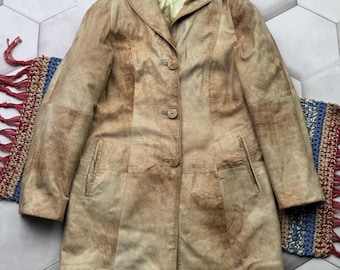 Vintage Beige Leather Coat Women Distressed Jacket Minimalist Button Up Coat Classic 90s Outerwear