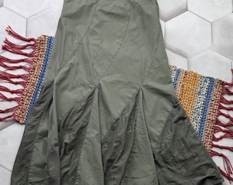 Vintage Boho Maxi Skirt Olive Green Flared Embroidered Hem Hippie Skirt