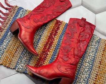 Vintage Leather Cowboy Boots Women's Embroidered Western Boots Mid Calf Pointed Toe Rodeo Y2K