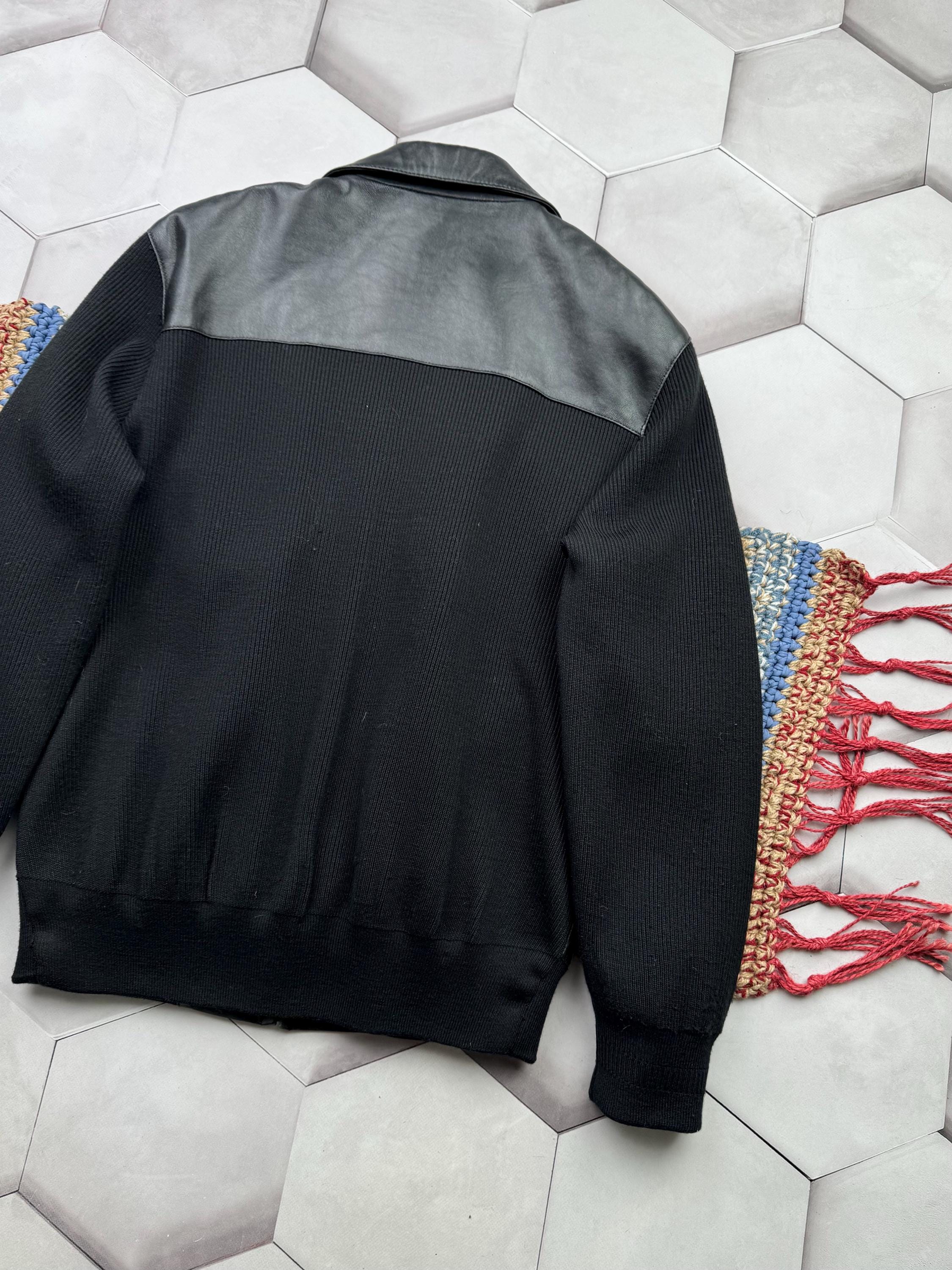 Y2K Black Leather Bomber Jacket Women's Zip Front Knit Sleeve