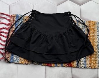 Vintage Black Mini Skirt Lace Up Ruffle Y2K Gothic Women