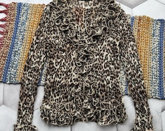 Bluzka damska z falbanką w stylu vintage Y2K z nadrukiem w panterkę, przezroczysta, efektowna i imprezowa