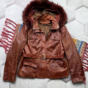 Vintage Hooded Leather Jacket Women&#39;s Size L