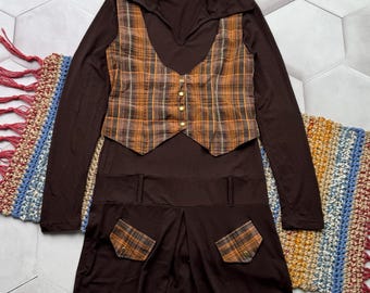 Vintage Preppy Plaid Dress 2 Piece Look Brown Mini Dress Layered School Girl
