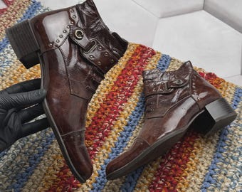 Vintage Patent Leather Ankle Boots Studded Lace Up Booties