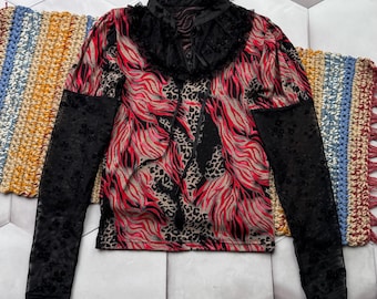 Vintage Animal Print Mesh Top High Neck Sheer Long Sleeve Y2K Women
