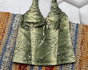 Top estilo vintage Y2K con estampado animal, camisola de lentejuelas con lazo frontal, ideal para fiestas, color verde.