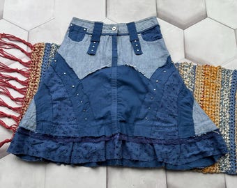Y2K Patchwork Denim Midi Skirt Blue Ruffle Studded Boho Festival Women