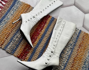 Vintage White Knee High Boots Studded High Heel Pointed Toe Y2K Women