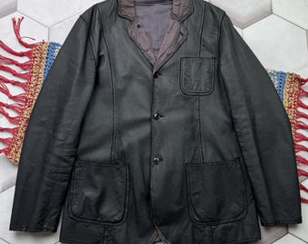 Vintage Black Leather Blazer Men Minimalist Button Jacket Oversized Classic 90s Grunge Coat