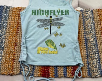 Vintage Y2K Graphic Tank Top Women Blue Ruched Cami Dragonfly Fairy Grunge Coquette