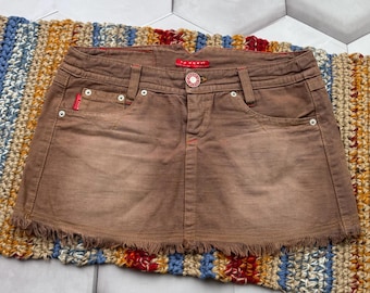 Vintage Y2K Brown Denim Mini Skirt Low Rise Frayed Hem Women