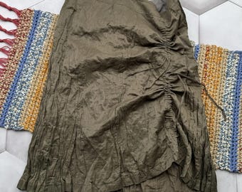 Vintage Y2K Olive Ruched Midi Skirt Asymmetrical Boho Fairy Grunge Women
