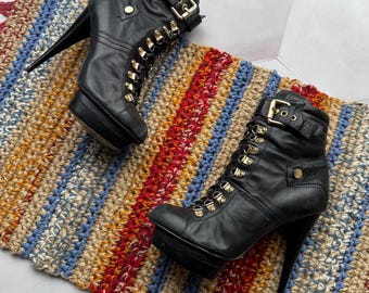 Vintage Leather Platform Ankle Y2K Lace Up Heeled Boots Buckle Moto Punk Leather Shoes