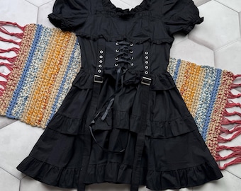 Vintage zwarte gotische mini-jurk dames corset veters coquette punk Y2K feestjurk