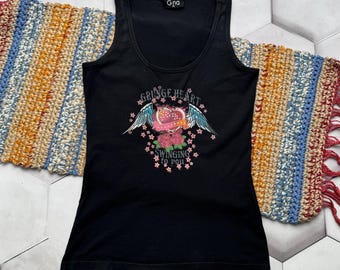 Débardeur graphique noir vintage Année 2000 grunge avec imprimé coeurs sans manches Indie Sleaze Punk Fairycore Top