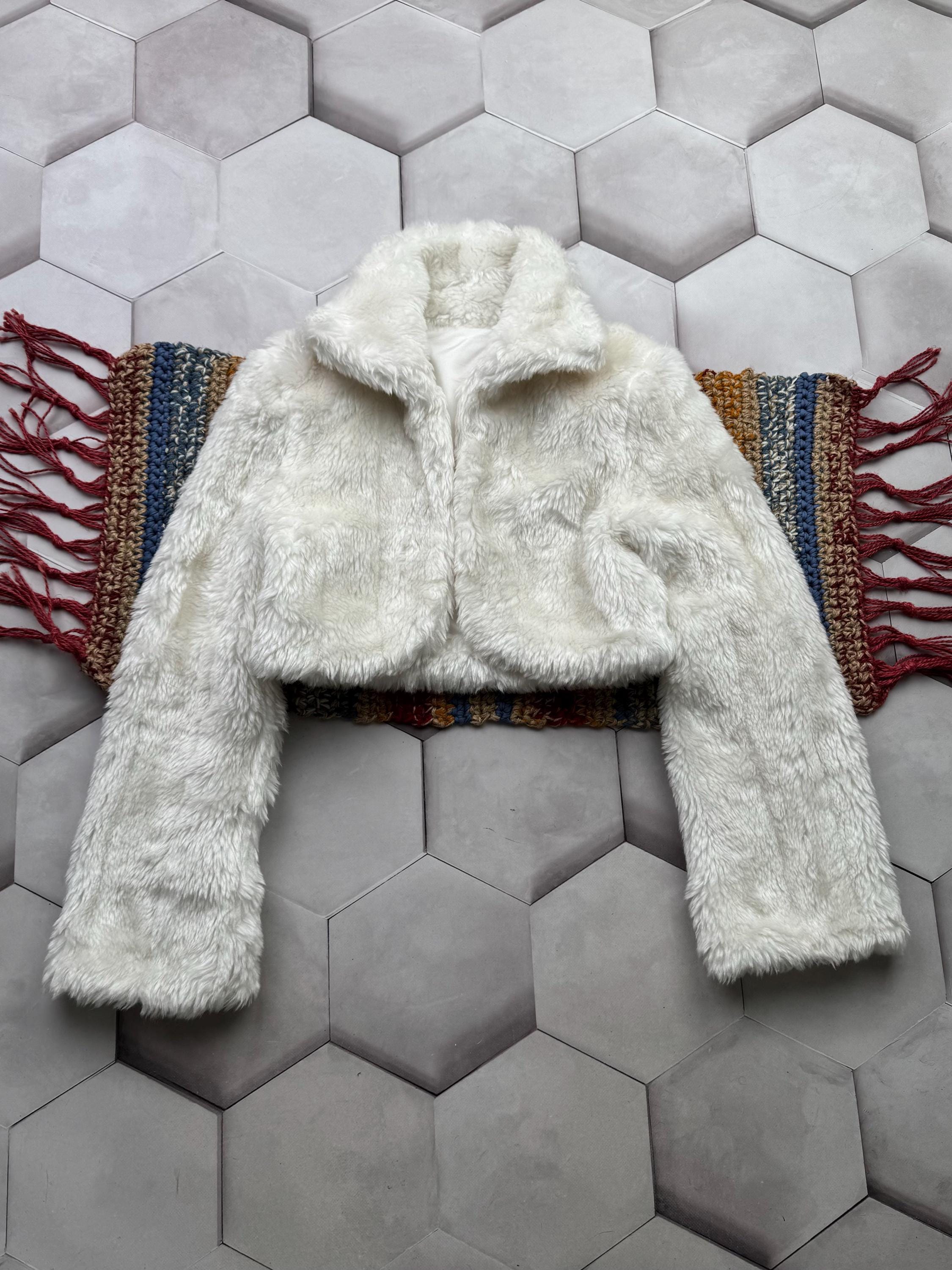 Vintage White Faux Fur Jacket Women Cropped Fluffy Coat Y2K Winter