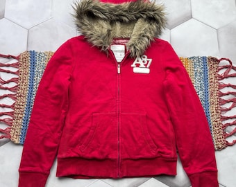 Vintage Faux Fur Hood Zip Hoodie Y2K Sweatshirt Jacket Women Size L