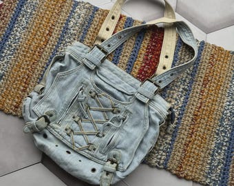 Bolso de hombro vintage de mezclilla azul claro: bolso tote grunge con cordones estilo Y2K