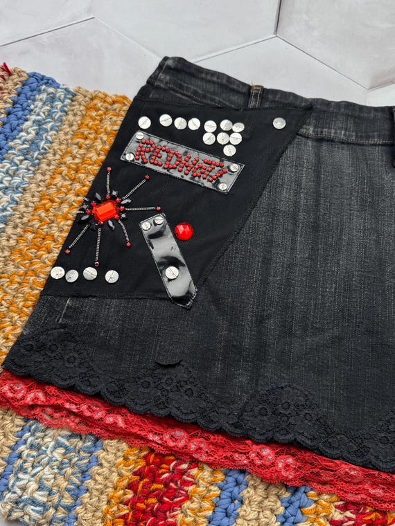 Y2K Punk Denim Mini Skirt Studded Lace Patchwork Grunge Alt Women