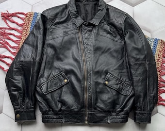 Vintage Black Leather Jacket Zip up Classic Minimal Bomber Style
