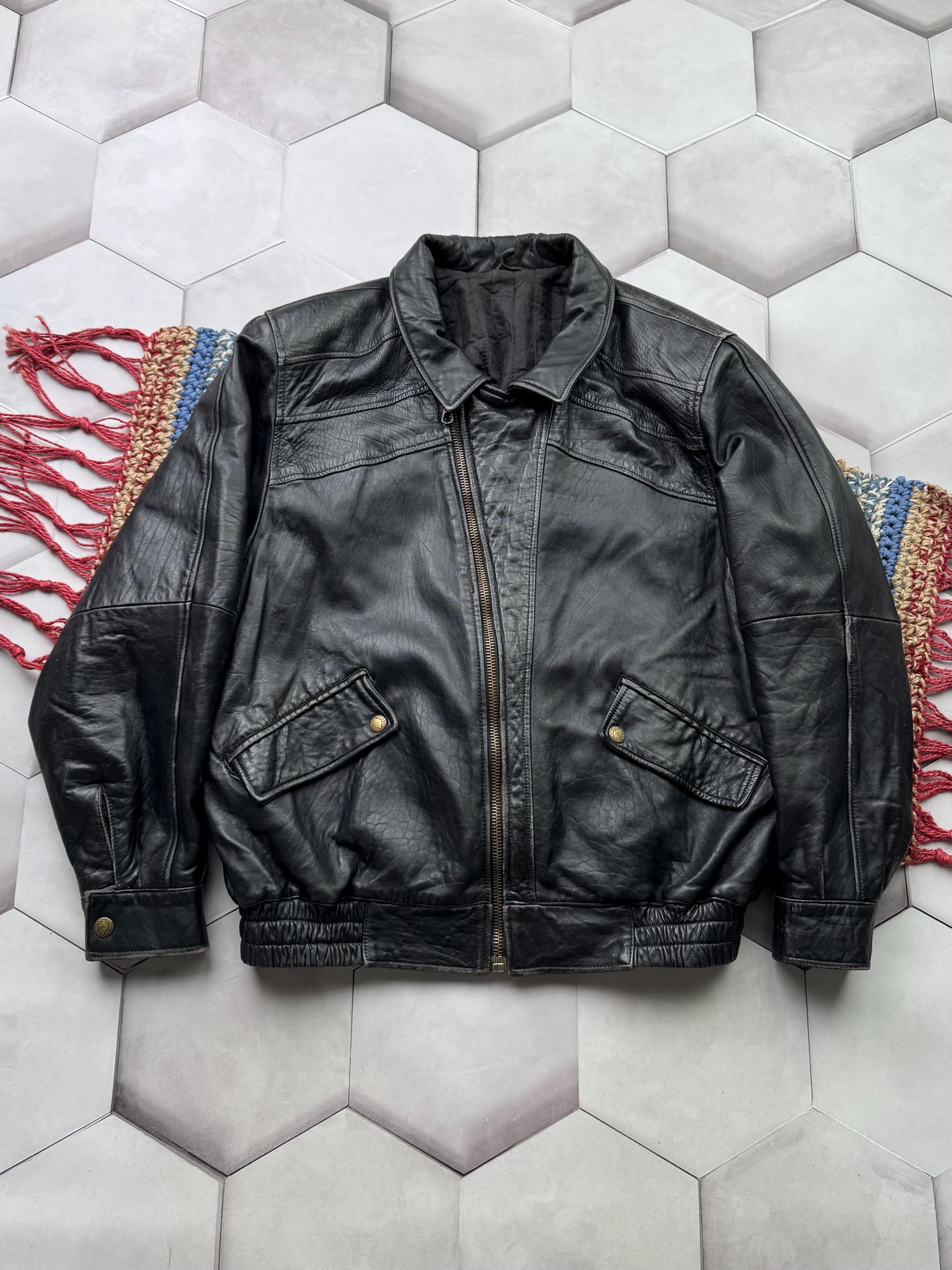Vintage Black Leather Jacket Zip up Classic Minimal Bomber Style