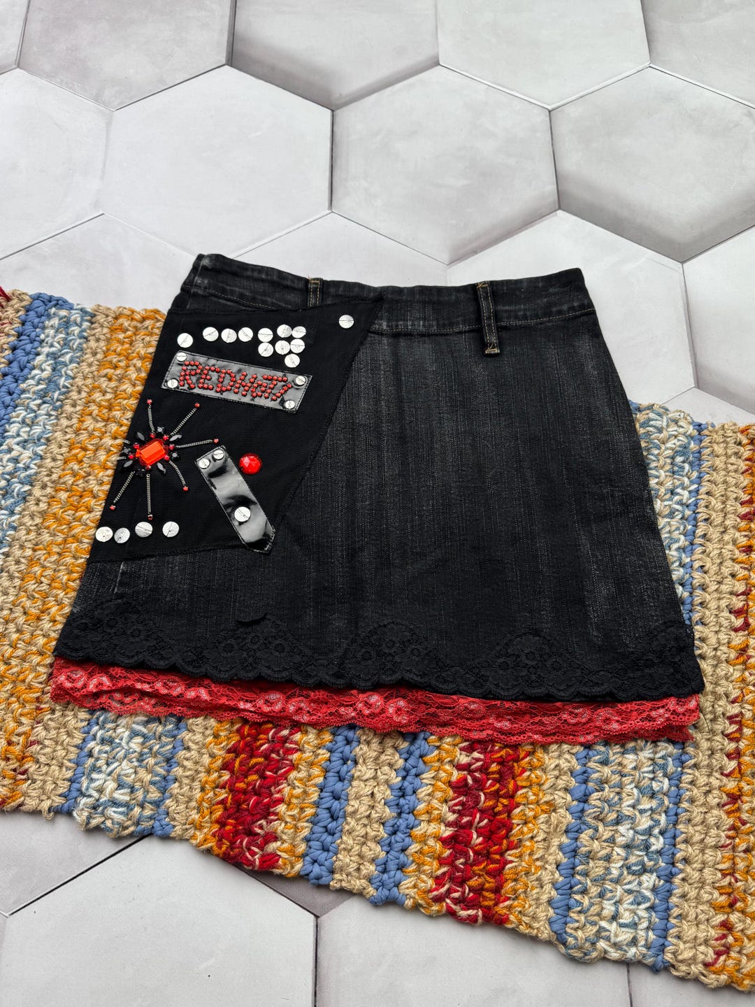 Y2K Punk Denim Mini Skirt Studded Lace Patchwork Grunge Alt Women