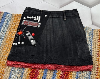 Y2K Punk Denim Mini Skirt Studded Lace Patchwork Grunge Alt Women Vintage