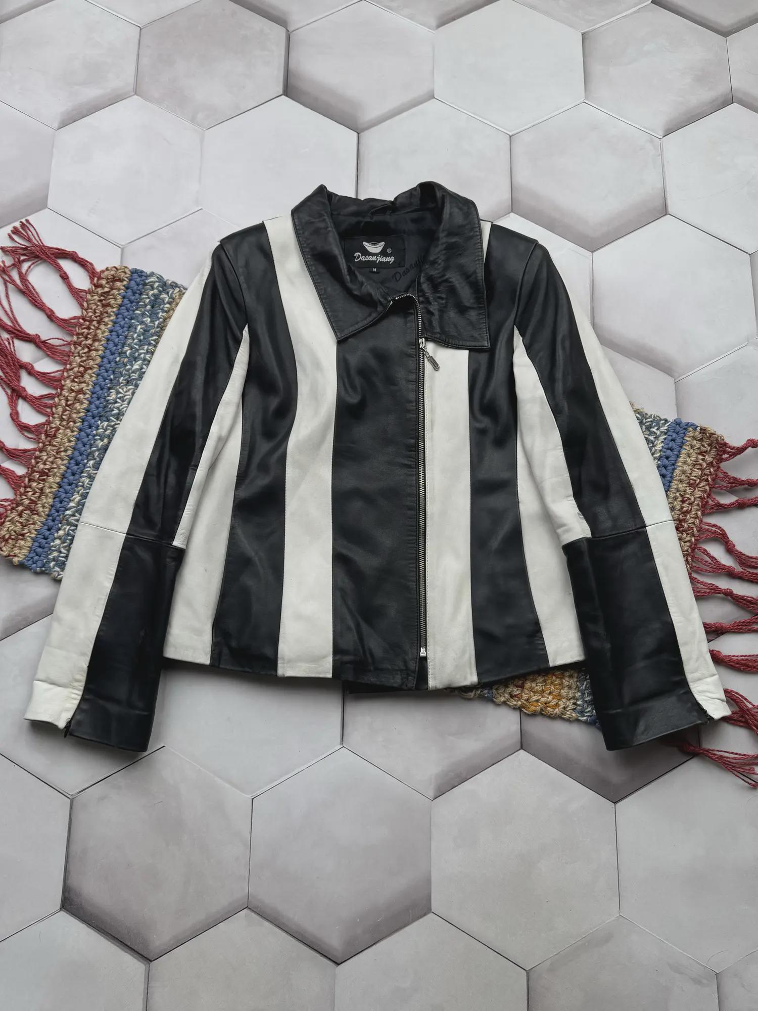 Vintage Black White Leather Jacket Colorblock Moto Zip Womens 90s