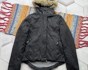 Vintage Black Winter Jacket Women Faux Fur Hood Y2K Zip Up Puffer Coat Minimalist
