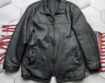 Y2K Black Leather Jacket Men Vintage Oversized Coat Minimal Zip Up Jacket
