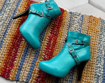 vintage, bottines en cuir turquoise, boucle à talon haut pour femmes, style Y2K