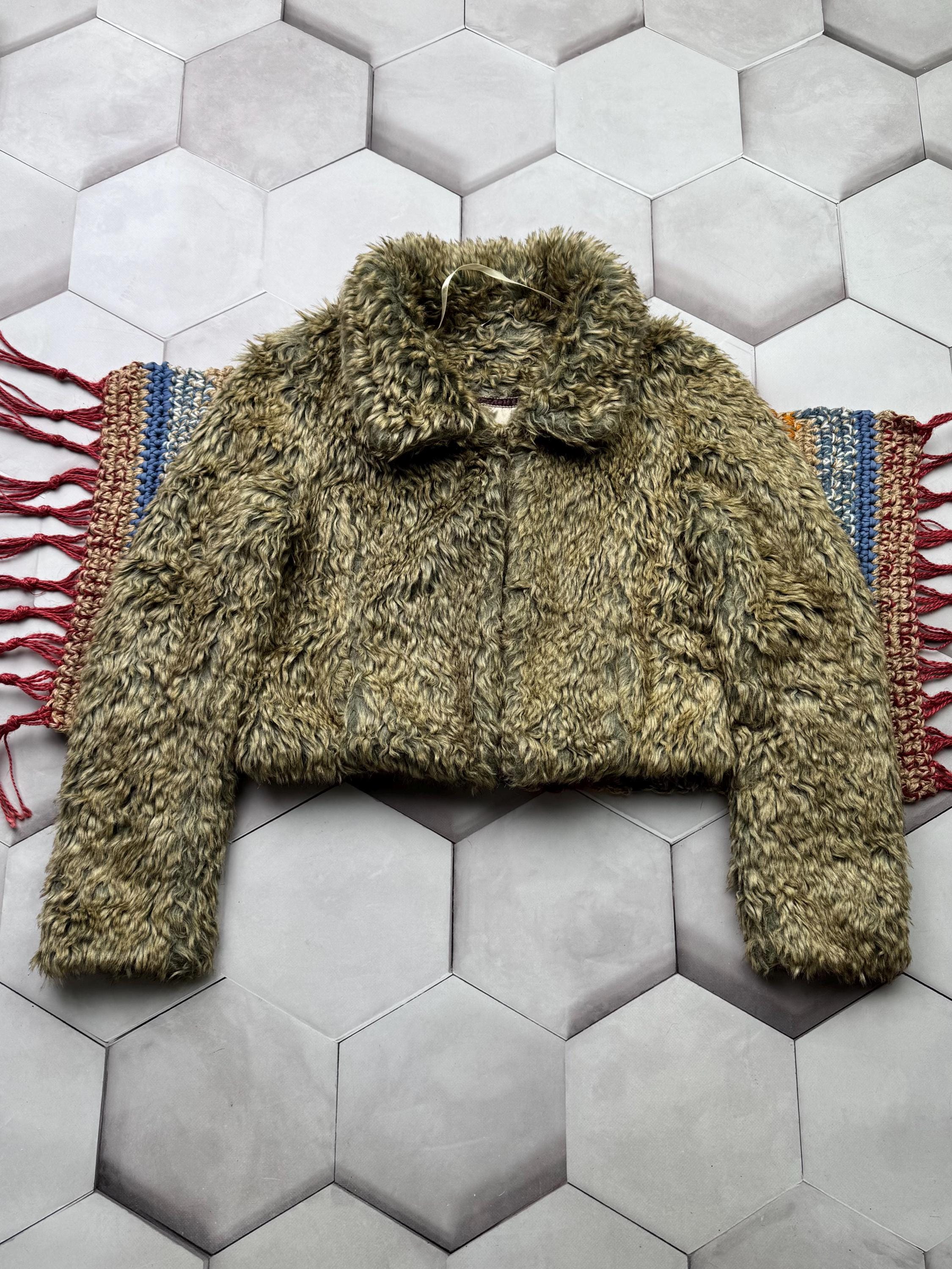 Vintage Faux Fur Cropped Jacket Womens Beige Textured Short Coat