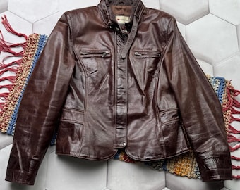 Blouson en cuir marron pour femme, veste de moto ajustée vintage 2000