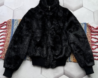 Vintage Black Faux Fur Jacket Women's Y2K Glam Zip Up Winter Outerwear