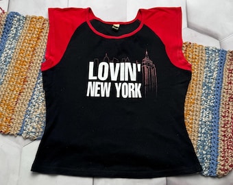 vintage Y2K New York Graphic Top T-shirt noir rouge à manches raglan