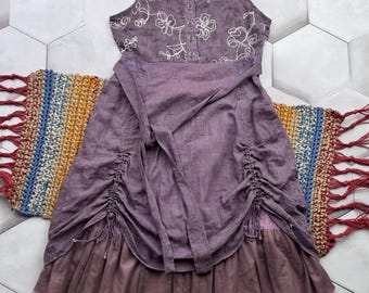 Vintage Boho Fairy Women's Purple Embroidered Midi Dress Cottagecore Lace Up Romantic Dress