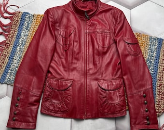 vintage Veste en cuir rouge an 2000 Veste ajustée zippée avec poche