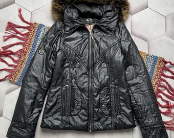 vintage Veste noire à capuche et bordure en fausse fourrure Manteau d'hiver matelassé Femme