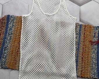 Vintage damestanktop wit mesh mouwloos shirt doorschijnend gebreide Y2K festival strandtop